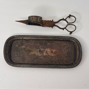 Antique Georgian Style Candle Wick Scissors Trimmer Snuffer with Tray *bleeding